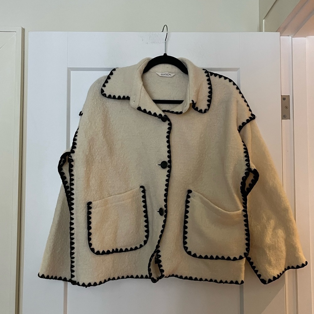 Boxy 💯 Boiled Wool Ivory Black Blanket Stitched Jacket Coat O/S